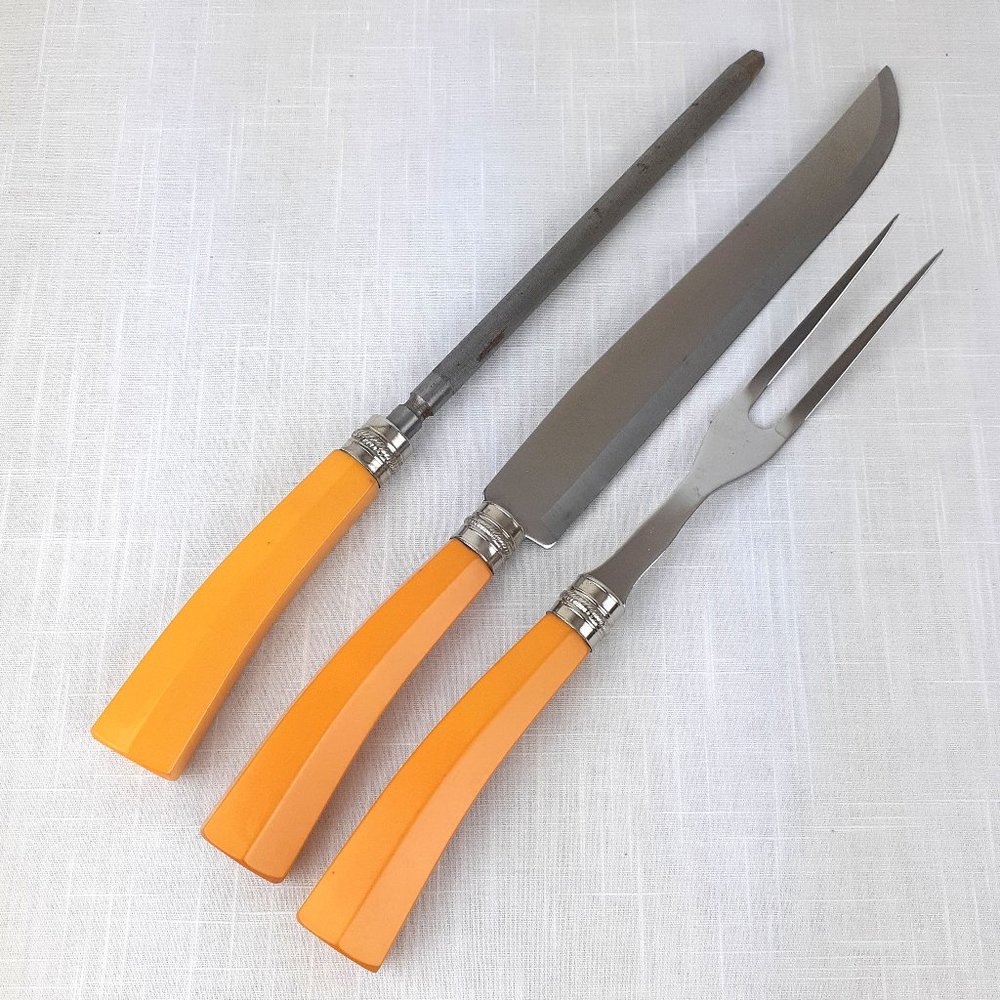 Vintage SS 3 piece Carving Knife Set with Bakelite Handles Butterscotch Cutlery